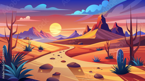 In the serene desert landscape with footprints at sunset, gentle wind shapes the dunes. A semi-realistic vector scene captures the quiet magic of this moment, where each step echoes timeless solitude.