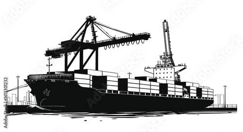 Silhouette Vector Illustration of Cargo Ships and Industrial Port with Cranes, Containers, and Dockyard on White Background