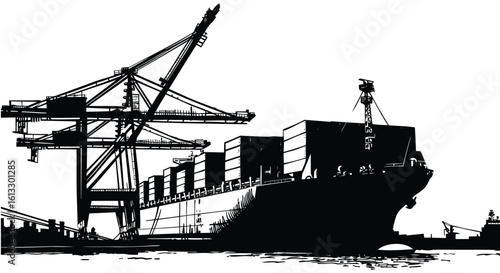 Silhouette Vector Illustration of Cargo Ships and Industrial Port with Cranes, Containers, and Dockyard on White Background