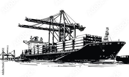 Silhouette Vector Illustration of Cargo Ships and Industrial Port with Cranes, Containers, and Dockyard on White Background