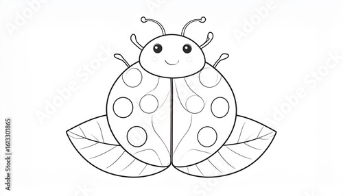 Cute cartoon ladybug with spots sitting on green leaves, a black and white line art illustration designed for a children's coloring book page