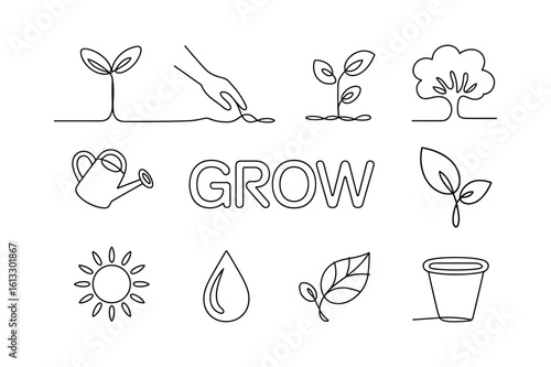 Seedling growth watering can sun drop leaf pot tree vector