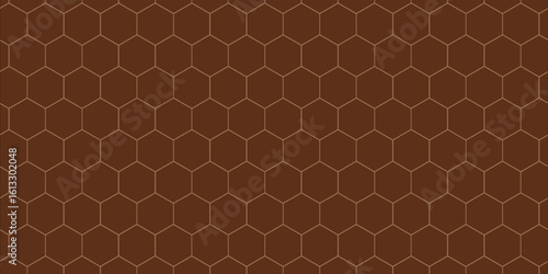 Abstract seamless hexagonal pattern with a rich brown color scheme and outlined hexagons. A single hexagon is highlighted in blue, adding visual interest