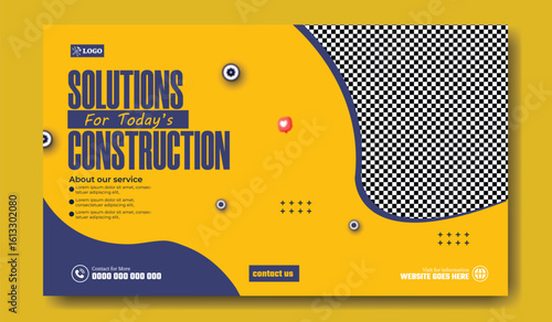 Modern Construction Solutions Template with Yellow and Blue Accents for Advertising