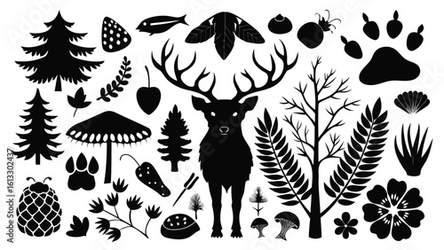 Black and white nature silhouettes featuring a deer various trees leaves and flora elements ideal for design