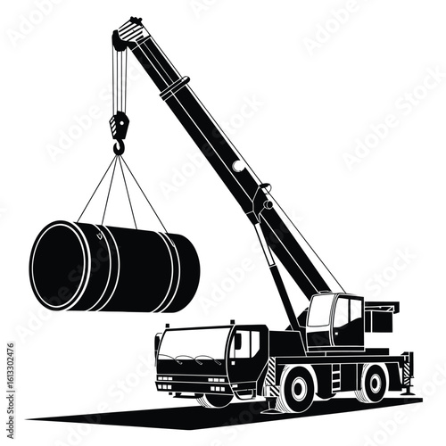 Mobile Crane Lifting Large Pipe Silhouette
