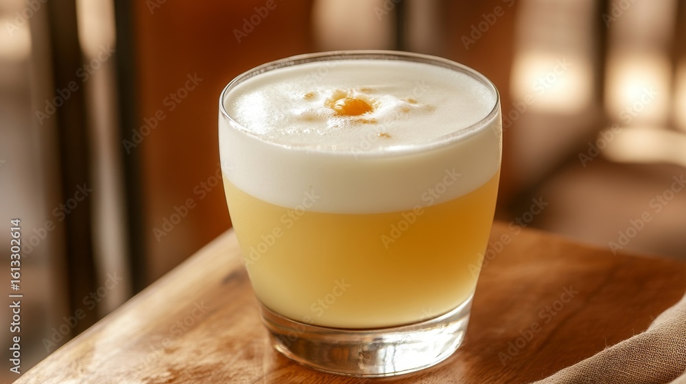 An elegant Pisco Sour cocktail with a frothy top, served on a wooden table, perfect for enjoying the rich flavors of Peru An elegant Pisco Sour cocktail with a frothy top, served on a wooden table, perfect for enjoying the rich flavors of Peru