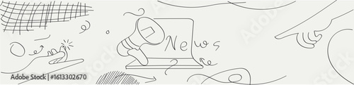 Latest news alert on laptop with megaphone doodle, promoting online journalism and breaking stories