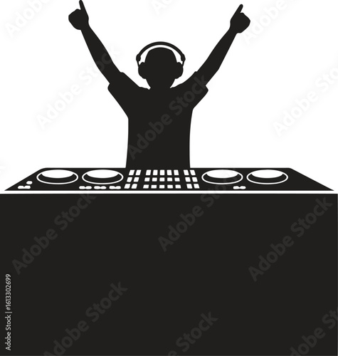 Silhouette DJ party music mixing vector illustration. Nightclub, turntable, sound, entertainment