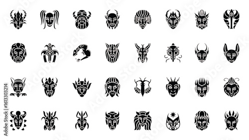 Collection of black mythical creature faces and symbols on white background mythical creatures