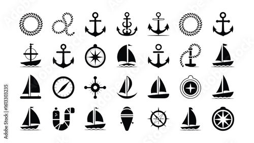 Collection of black nautical icons including anchors sailboats compasses and ropes