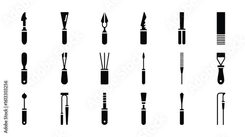 Collection of black sculpting and carving tools on white background sculpting tools