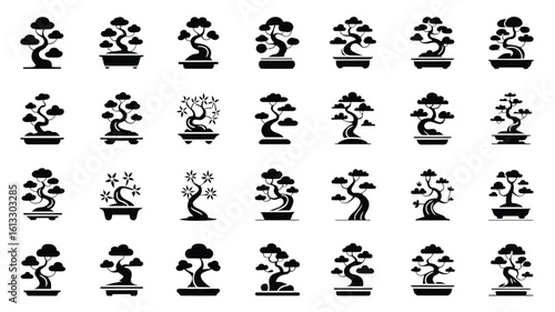 Collection of black silhouette bonsai trees in various styles plant garden