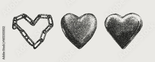 Stippling halftone collage set with hearts elements. Grungy punk aesthetic perfect for zines, posters, DIY flyers, tattoo, graphics, album art