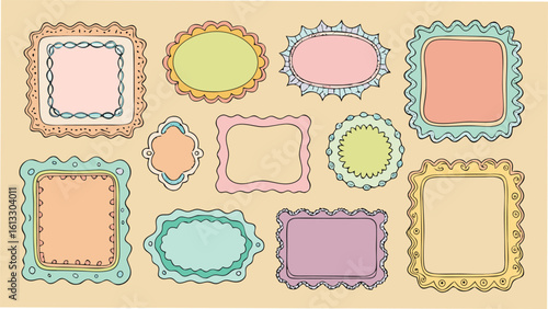 Collection of colorful hand drawn frames with various shapes and decorative edges for design elements and creative projects