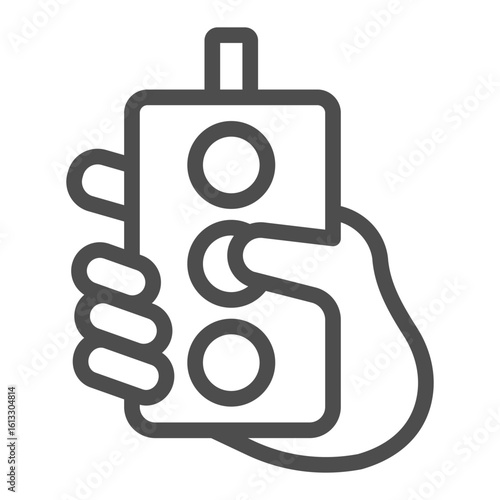 Wired remote with buttons in hand line icon, manufacturing concept, factory control process sign on white background, outline style icon for mobile and web design. Vector graphics.
