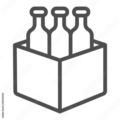 Cardboard box with bottles line icon, manufacturing liquid production concept, beverage packaging sign on white background, outline style icon for mobile and web design. Vector graphics.