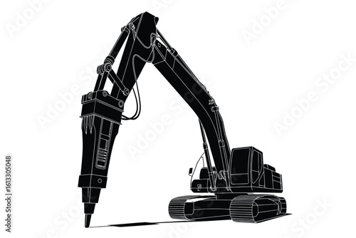 Excavator with Demolition Hammer Black and White Vector Illustration