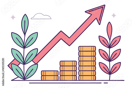 Stacked golden coins accompany a rising arrow, surrounded by whimsical leaves on a transparent background