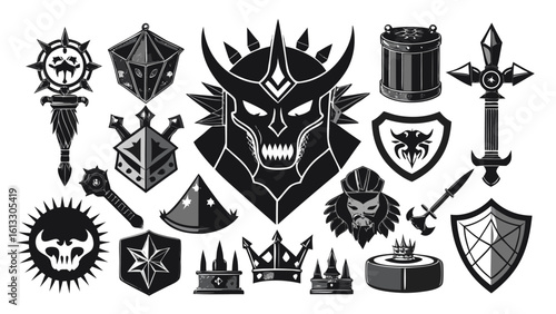 Collection of fantasy themed weapons and symbols in detailed black and white illustration suitable for diverse design applications