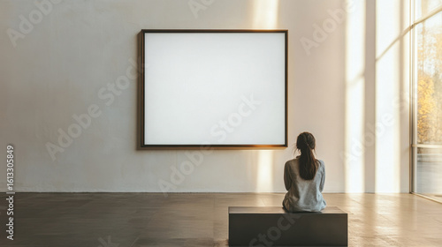 Fototapeta Naklejka Na Ścianę i Meble -  A modern contemporary museum showcasing a empty blank framed poster, and one person looking at it. 3d illustration.