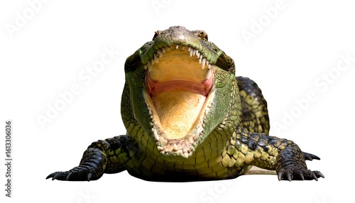 Frontal View of a Crocodile with Open Mouth Isolated on White Background