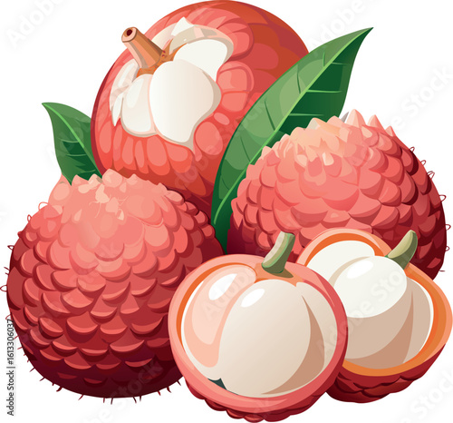Vector art of a group of vibrant lychees, some whole and some halved, revealing their translucent flesh