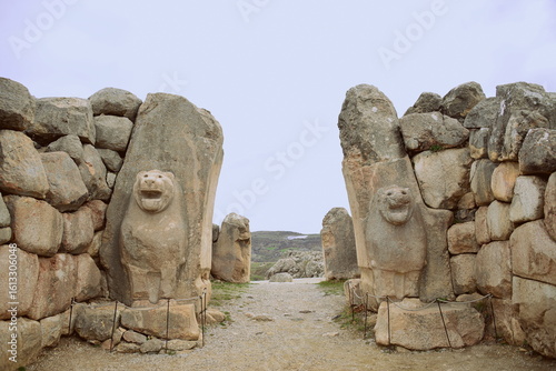 Turkiye,Hattusa,It was the capital of the Hittite Empire in the Late Bronze Age. The first traces of settlement on the site date back to the 6th millennium BC.In the photo,access to the city, sphinx, 