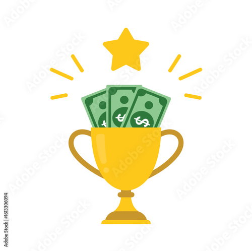 Golden trophy cup filled with money and a star symbolizing financial victory and achievement on white background