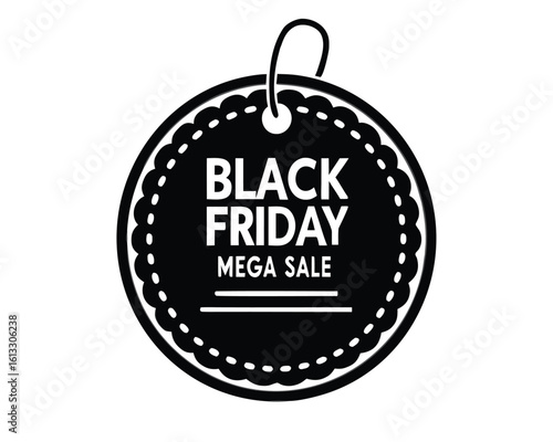 Black Friday mega sale is indicated on a black scalloped tag with string