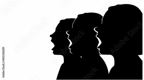 Silhouetted faces in a row showing expressions of shouting and talking with black and white contrast design