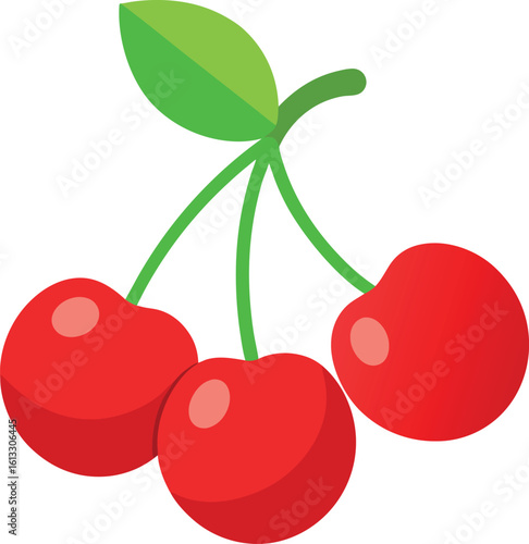 Vector art of three bright red cherries with green stems and leaves, isolated on white background