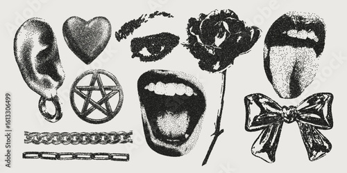 Stippling halftone collage set with retro elements. Grungy punk aesthetic perfect for zines, posters, DIY flyers, tattoo, graphics, album art