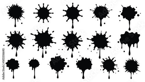 Collection of ink splatter and drip silhouettes in black providing transparent design elements