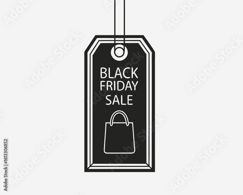 Black Friday sale tag is hanging with shopping bag icon marked visibly