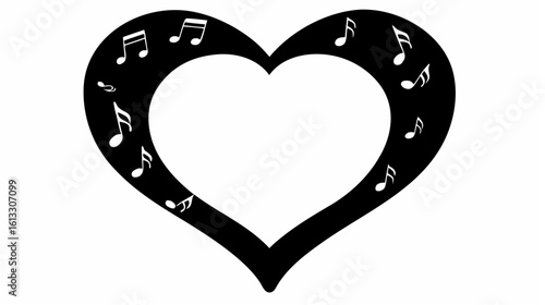 Heart shape outline filled with musical notes in black and white creating a musical valentine theme silhouette