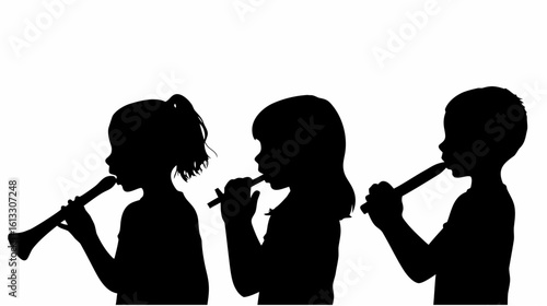Three children silhouetted playing recorders creating a musical ensemble in a monochrome composition