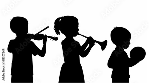 Silhouette of three children playing musical instruments including violin trumpet and cymbal ensemble performance