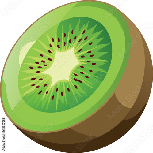 Vector art of a vibrant half kiwi fruit isolated on white background showcases its bright green flesh and tiny black seeds