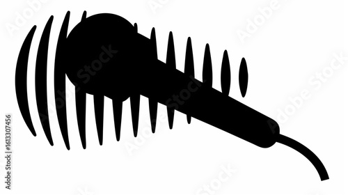 Silhouette of an earbud with sound waves emanating from it in a stylized black and white design style