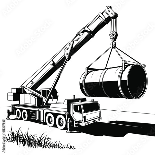 Crane Truck Lifting Large Pipe Line Art Illustration