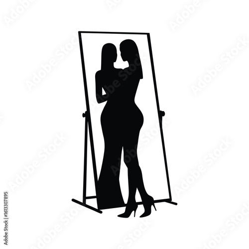 Silhouette of two women facing each other in a fulllength mirror wearing elegant dresses and high heels
