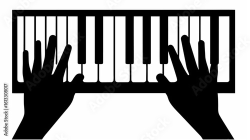 Hands are playing a piano keyboard with black and white keys in a silhouette musical instrument image