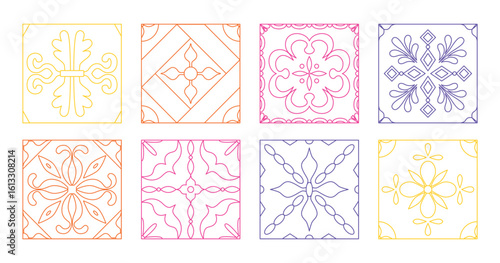 Linear retro vintage geometric pattern. Mediterranean tiles. Hand drawn line art. Flower power. Floral squares, patches, shapes, figures. Colorful mosaic. Arabic contour. Coloring book. Vector.