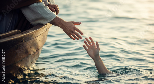Close-up symbolizing the hand of Jesus, which from the boat saves the hand of a drowning man. Miracle of saving the life of Jesus Christ, the Son of God, salvation from drowning. Christmas, Easter, lo