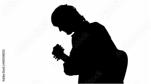 Silhouette of a musician playing a stringed instrument against a white background in a studio setting