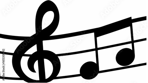 Illustration of a black treble clef and musical notes on a stave against a white background image view silhouette