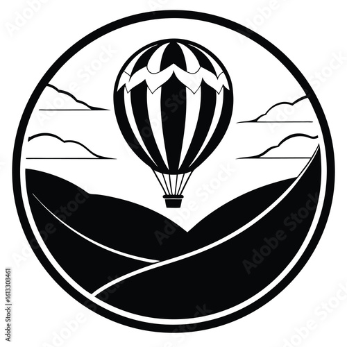 Hot air balloon over rolling hills in a circular emblem