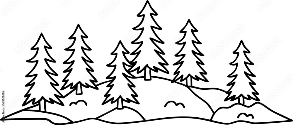 Fototapeta premium Pine trees on rocky hillside outline evergreen forest landscape, simple nature coloring page illustration