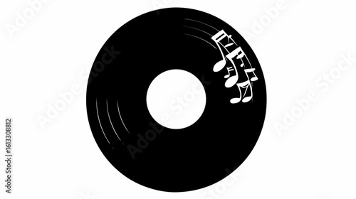 Black vinyl record with white center and musical notes floating above it on a white background scene view silhouette
